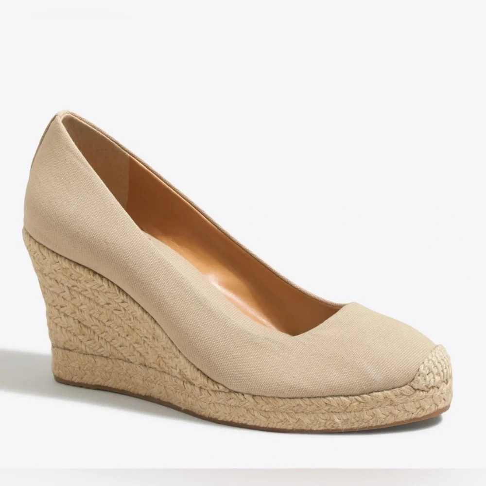 J. Crew Canvas Espadrille Wedge Heels Womens Sz 8.5 Beige Slip On Casual